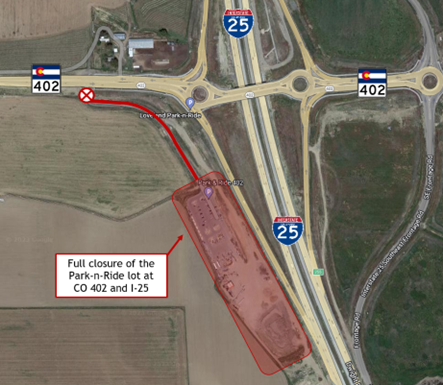 A graphic representation of the location of the Park-n-Ride lot near U.S. Highway 34 and State Highway 402. This lot will be subject to full closure from October 3rd through the 6th. 