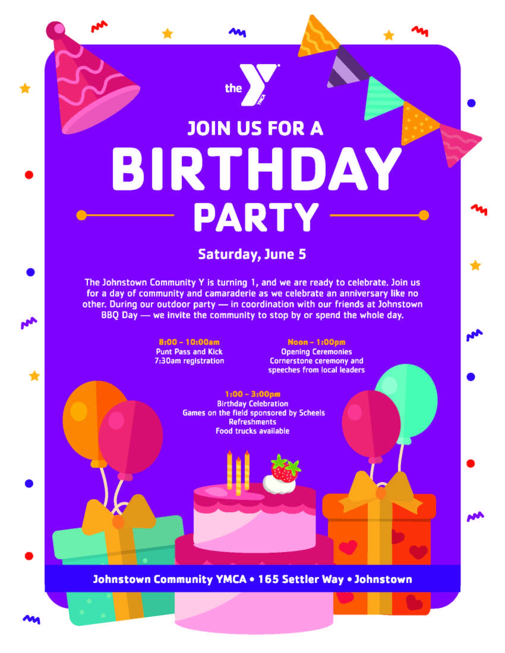 Jtown YMCA Bday Party graphic - text from the graphic is noted on this article page in full. 