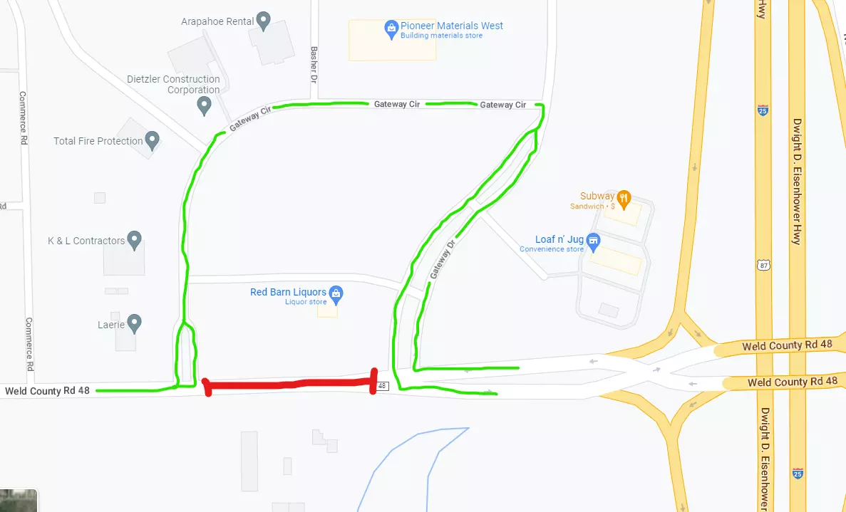 CR48 will be closed between Gateway Circle and Gateway Drive. Follow the detour route around Gateway Circle and Drive to route around the closure and reconnect with CR48. 
