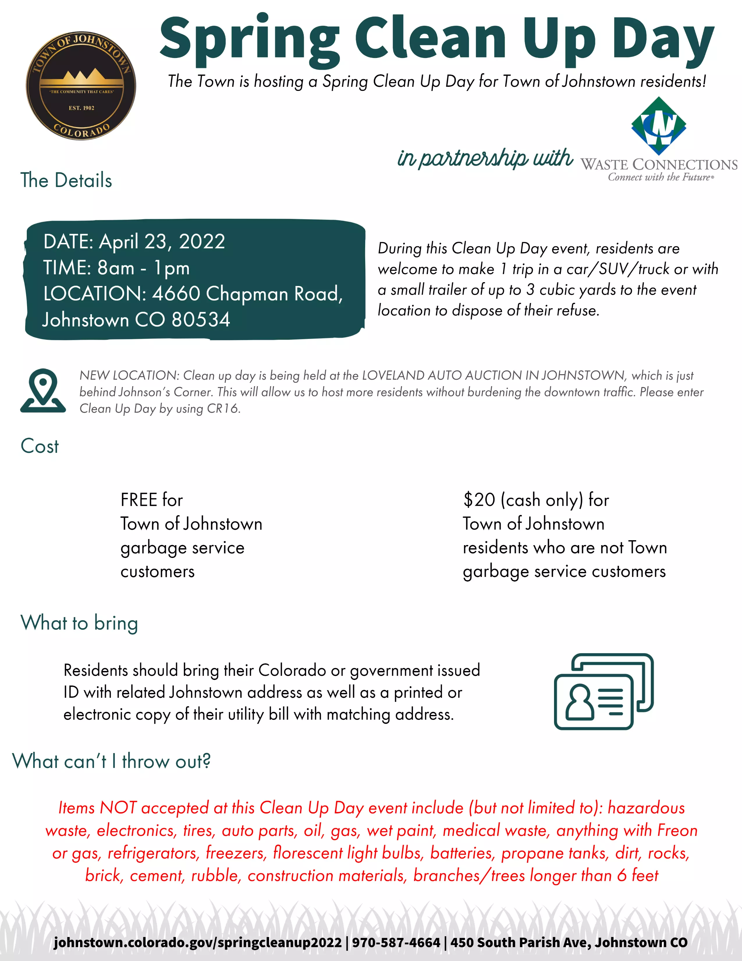 Spring Clean Up Day flyer image that includes the information typed out on this page as well as a Town of Johnstown logo and Waste Connections logo