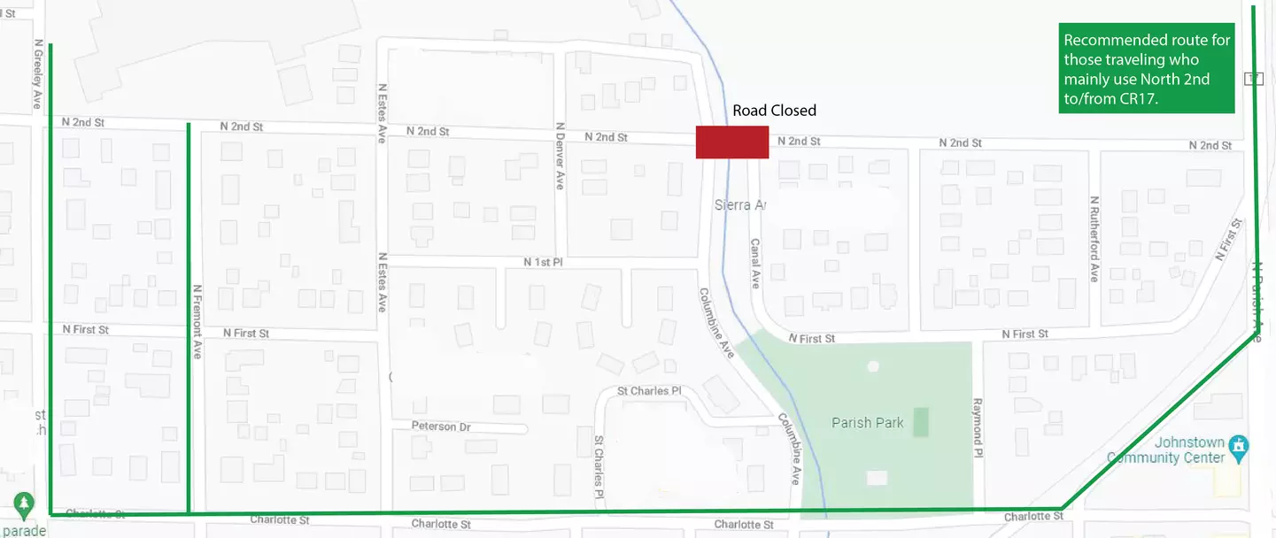 Google Map image with green lines along CR17, Charlotte St, North Fremont, and North Greeley. A red box sits between Columbine and Canal on the map indicating closure.
