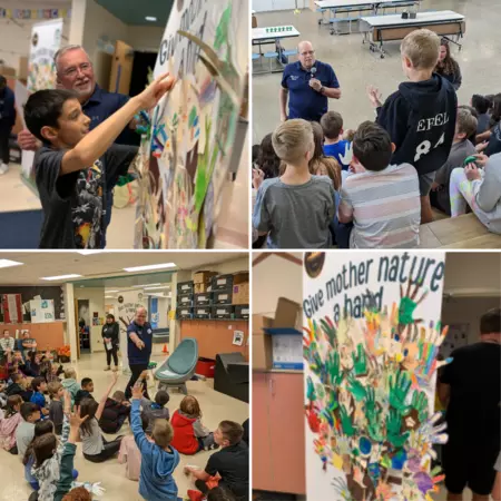 A collage of images from the Arbor Day Celebration Tour in 2022 and 2023. Activities depicted include former Mayor Gary Lebsack watching a child post their leaf on the Nature Promise poster, a standalone of a Nature Promise poster filled with leaves, and Mayor Troy Mellon asking and answering student questions. 