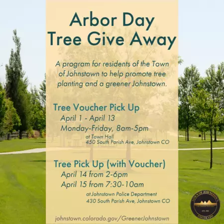 Arbor Day Tree Giveaway decorative image that discusses event times and dates on a background of the park with trees. This information is typed out in full on the page's text. 