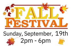 Fall Festival 2021 image in orange and yellow with a leaf on the left and pint of beer on the right. The graphic shows the time and date of the event "Sunday September 19 2pm-6pm"