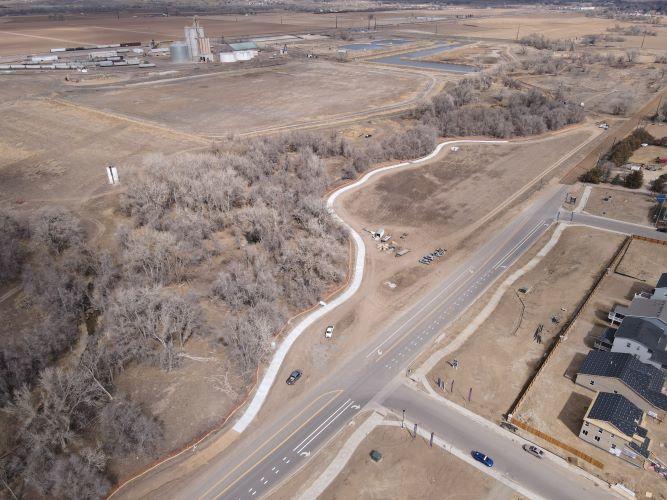A drone shot taken in March 2023 of the progress on the Little Thompson Trail in Johnstown.