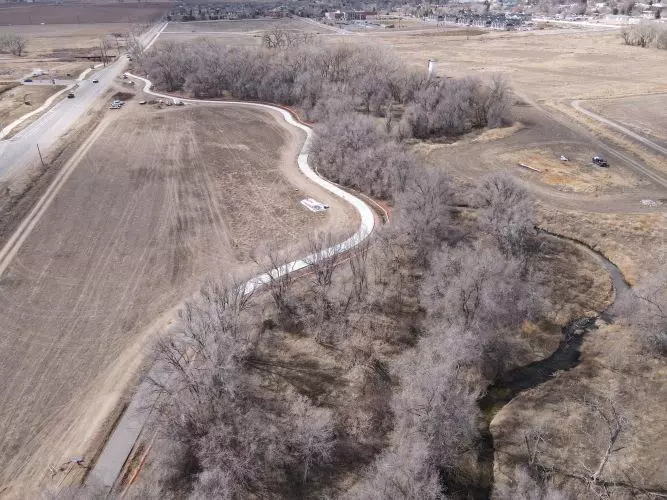 A drone shot taken in March 2023 of the progress on the Little Thompson Trail in Johnstown.