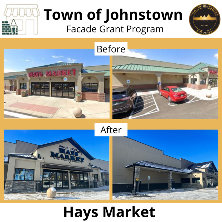 A graphic showing the storefront of Hays Market before and after renovations funded by a Downtown Facade Grant from the Town of Johnstown.