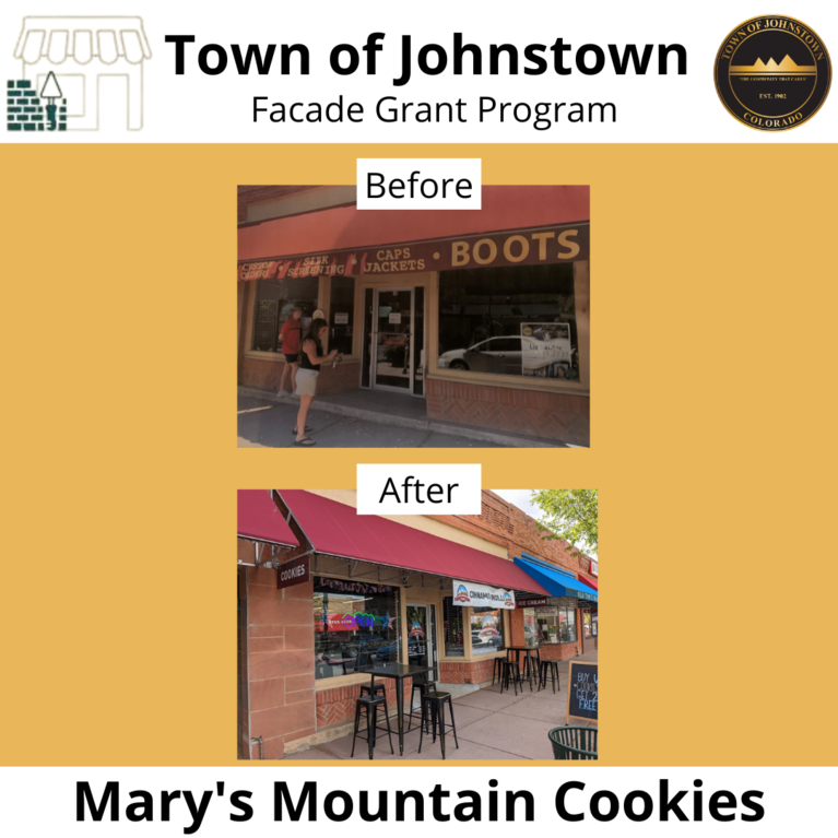 A graphic showing the storefront of Mary's Mountain Cookies before and after renovations funded by a Downtown Facade Grant from the Town of Johnstown.