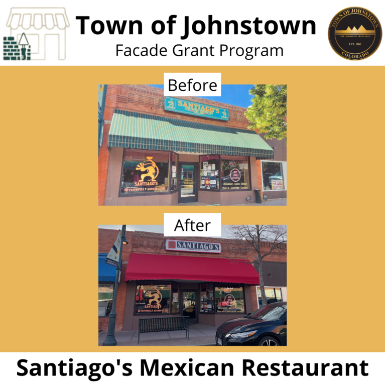 A graphic showing the storefront of Santiago's before and after renovations funded by a Downtown Facade Grant from the Town of Johnstown.