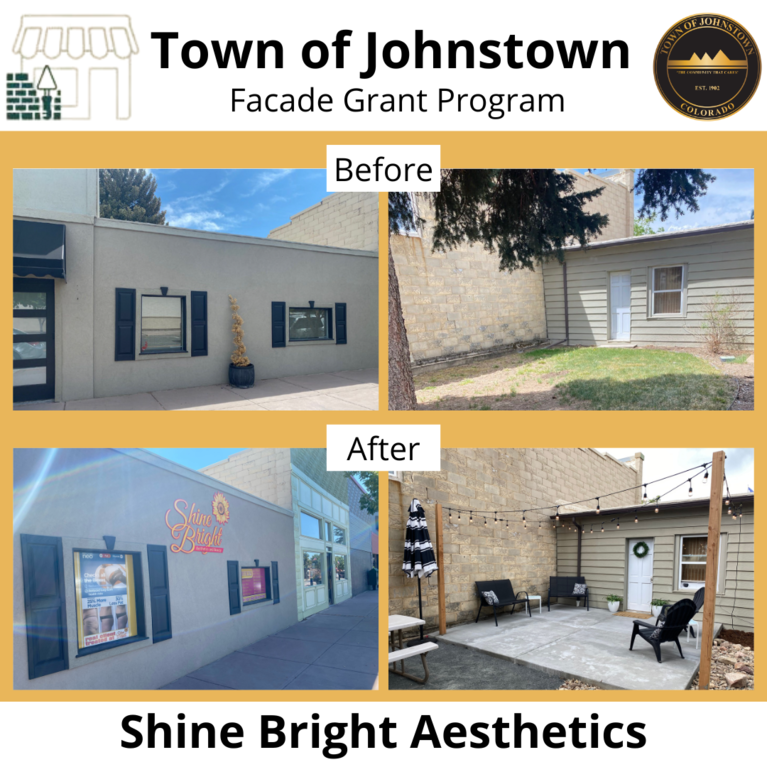 A graphic showing the storefront of Shine Bright Aesthetics before and after renovations funded by a Downtown Facade Grant from the Town of Johnstown.
