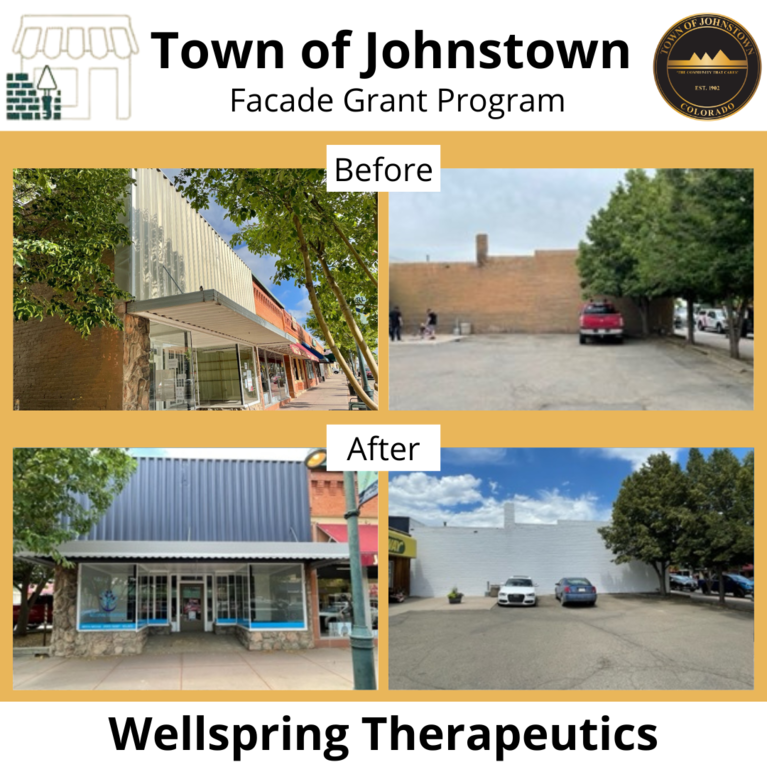 A graphic showing the storefront of Wellspring Therapeutics before and after renovations funded by a Downtown Facade Grant from the Town of Johnstown.